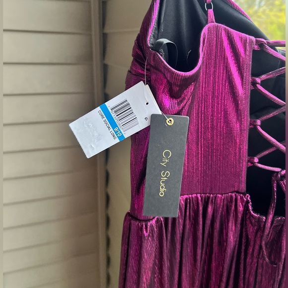 🆕✨City Studio Magenta Pleated Gown Long Formal Dress 9/10 Shiny Satin Prom Maxi - Picture 14 of 17